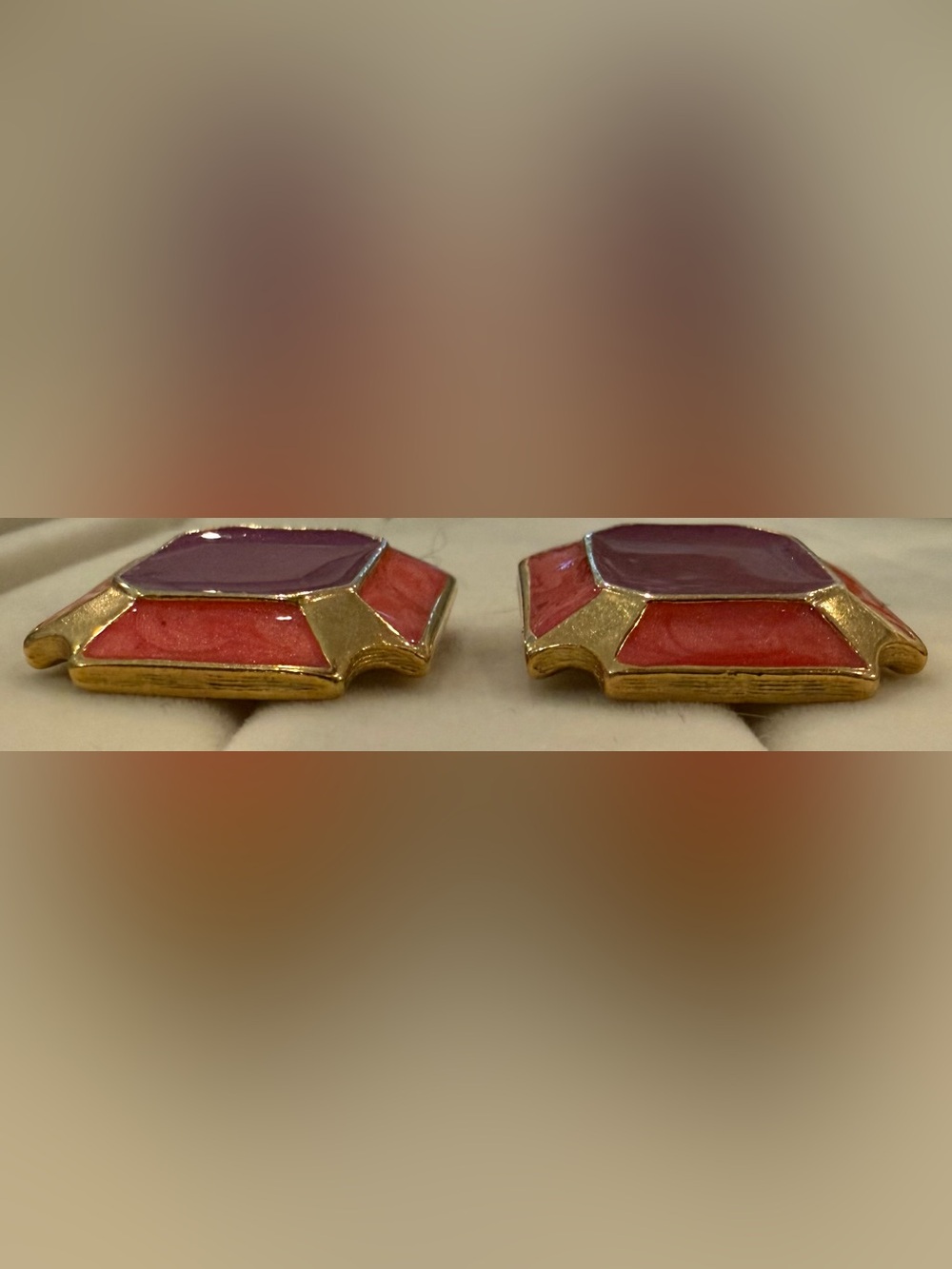Gold-Tone Purple and Coral Enamel Rectangle Stud Earrings - Picture 8 of 9